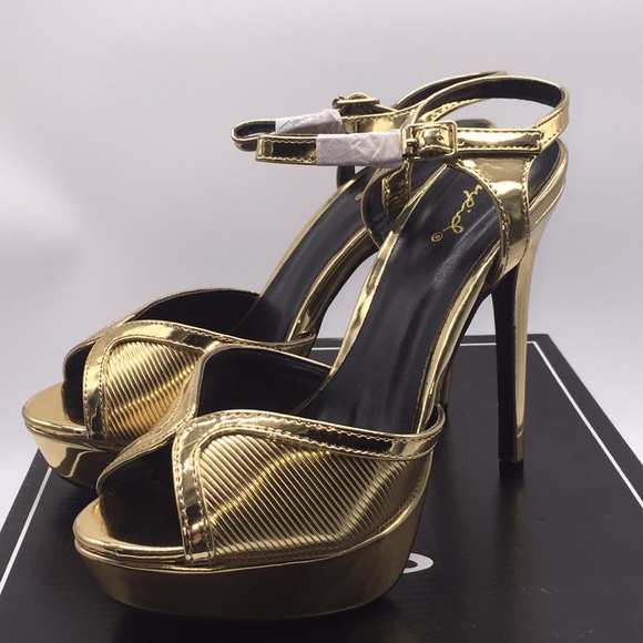 Qupid Ladies Platform Heels Pumps 5” Gold Shiny Metallic Open Toe Size 9 - Picture 2 of 16